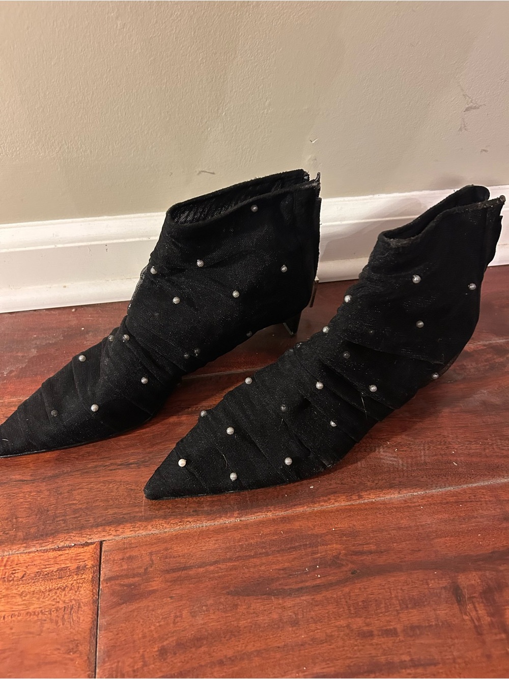 Black with Pearl-Embellished Pointed Ankle Boots by Zara